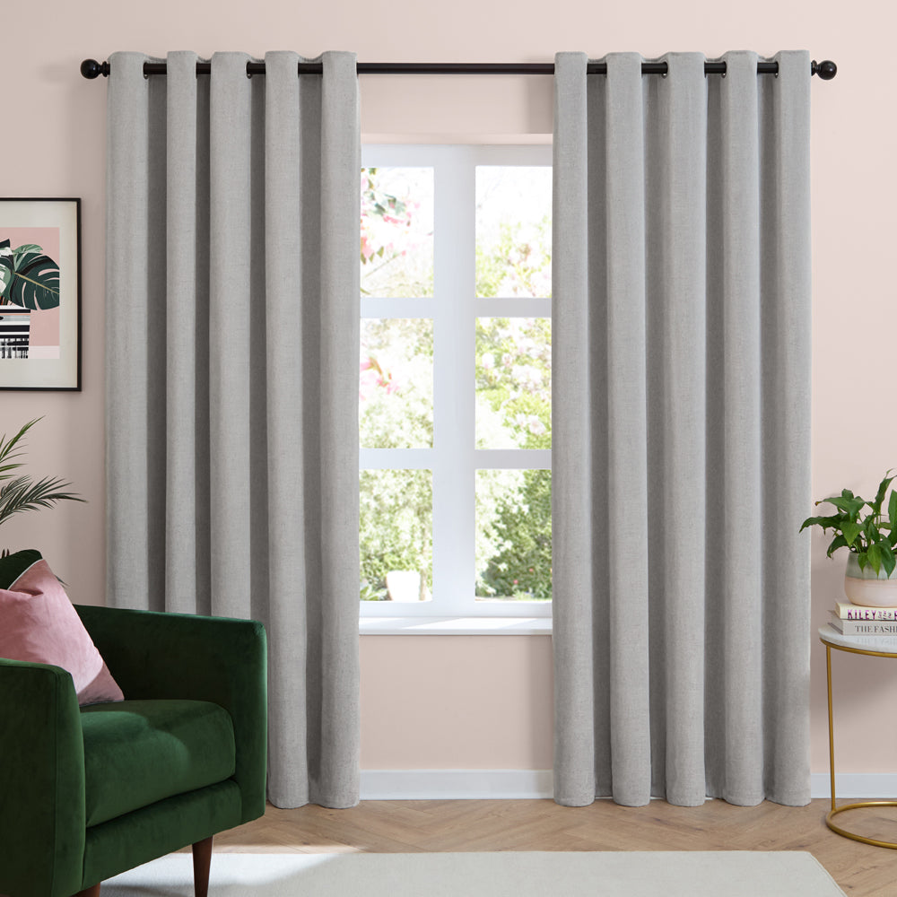 Plain Grey Curtains - Soft Chenille Blackout Eyelet Curtains Silver Furn