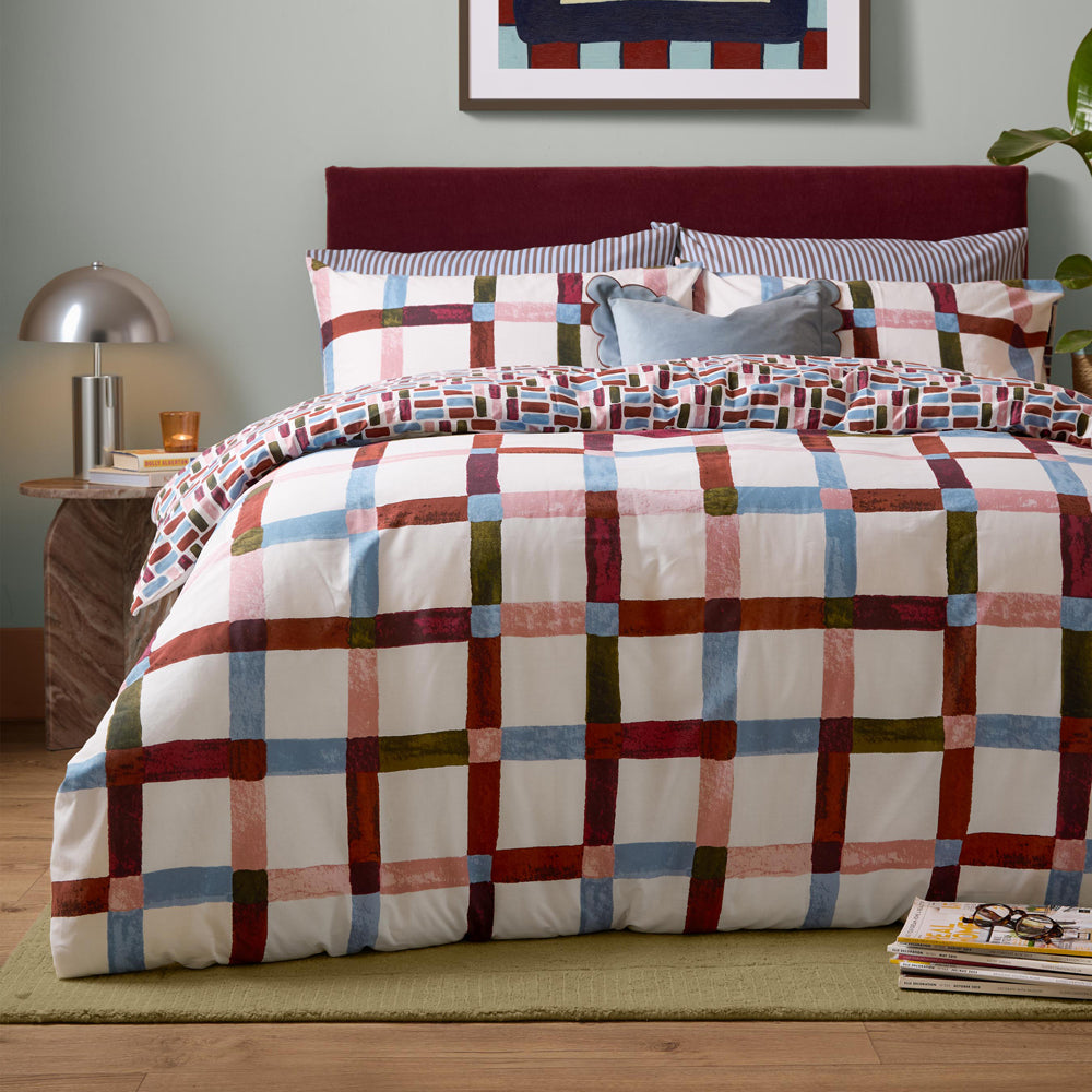 Check Beige Bedding - Selvan Reversible Duvet Cover Set Oatmilk/Burgundy Furn