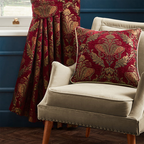 Floral Red Cushions - Shiraz Traditional Jacquard Cushion Cover Burgundy Paoletti