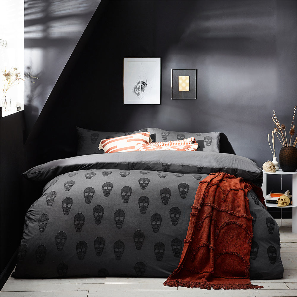  Grey Bedding - Skulls Tufted 100% Cotton Duvet Cover Set Charcoal furn.