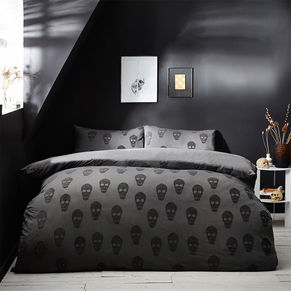 Skulls Tufted 100% Cotton Duvet Cover Set Charcoal