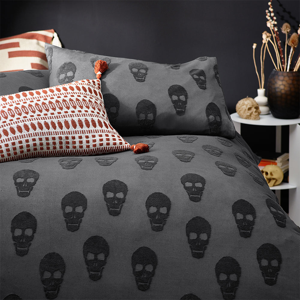 Skulls Tufted 100% Cotton Duvet Cover Set Charcoal