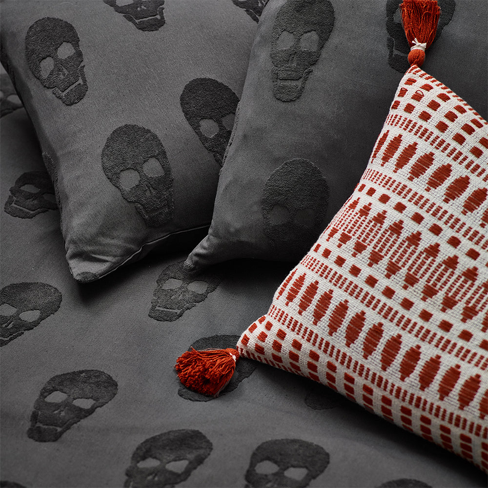 Skulls Tufted 100% Cotton Duvet Cover Set Charcoal