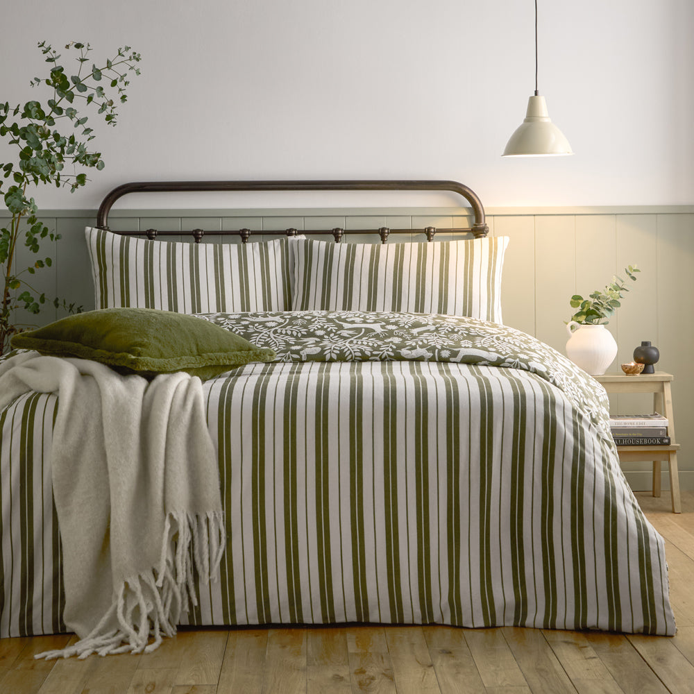 Skandi Woodland Brushed Cotton Duvet Cover Set Thyme Green