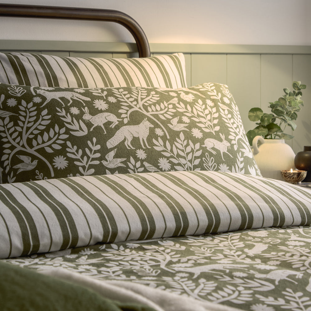 Skandi Woodland Brushed Cotton Duvet Cover Set Thyme Green