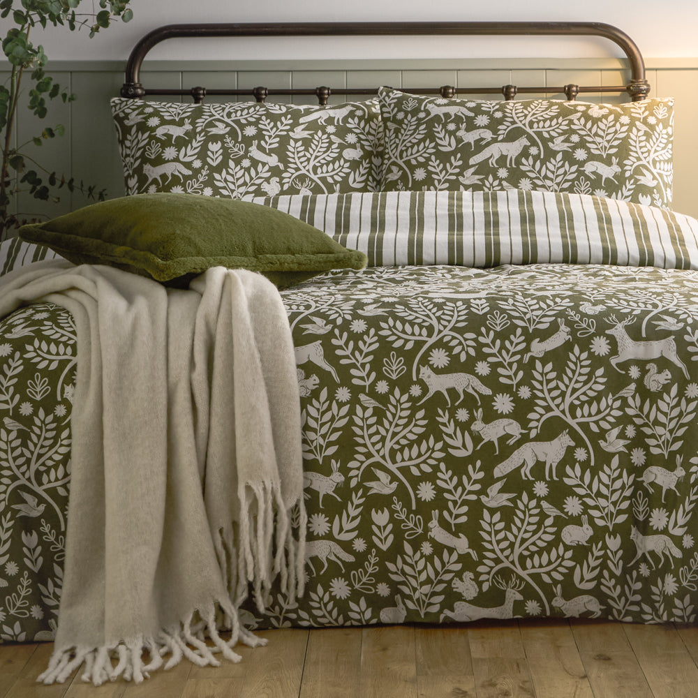 Skandi Woodland Brushed Cotton Duvet Cover Set Thyme Green