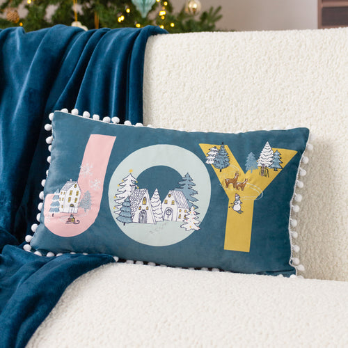 furn. Snowy Village Joy Cushion Cover in Cerulean
