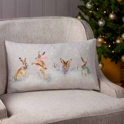 Animal Beige Cushions - Snowy Hares Christmas Cushion Cover Natural Evans Lichfield