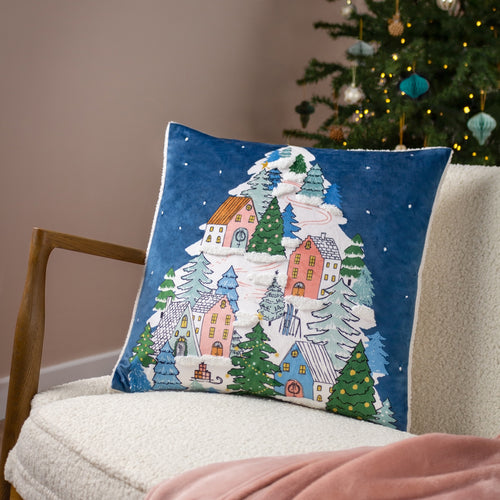 Abstract Blue Cushions - Snowy Village Tree Cushion Cover Midnight furn.