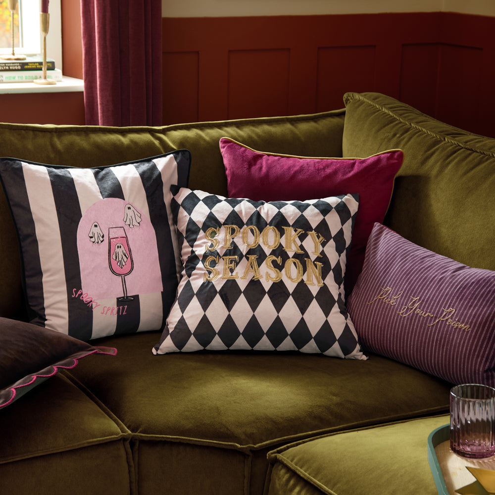 Spooky Season Velvet Halloween Cushion Gold/Mono