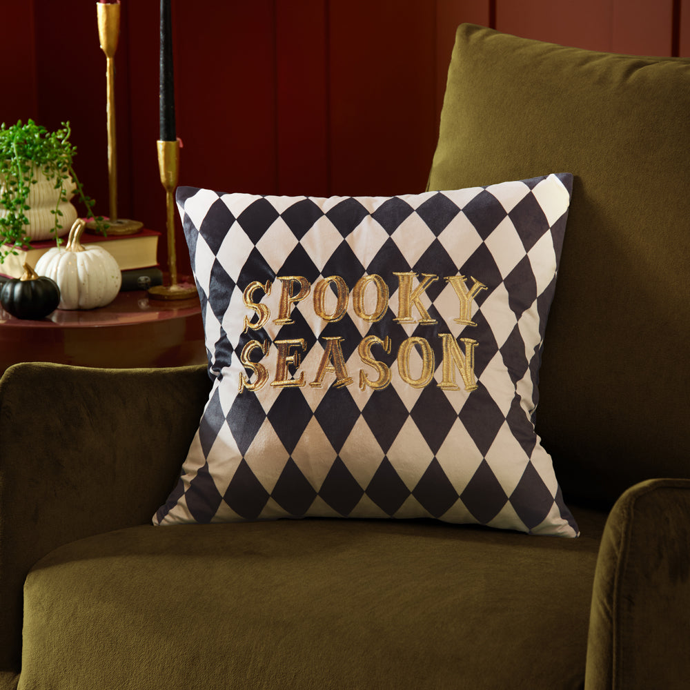 Geometric Multi Cushions - Spooky Season Velvet Halloween Cushion Cover Gold/Mono Furn