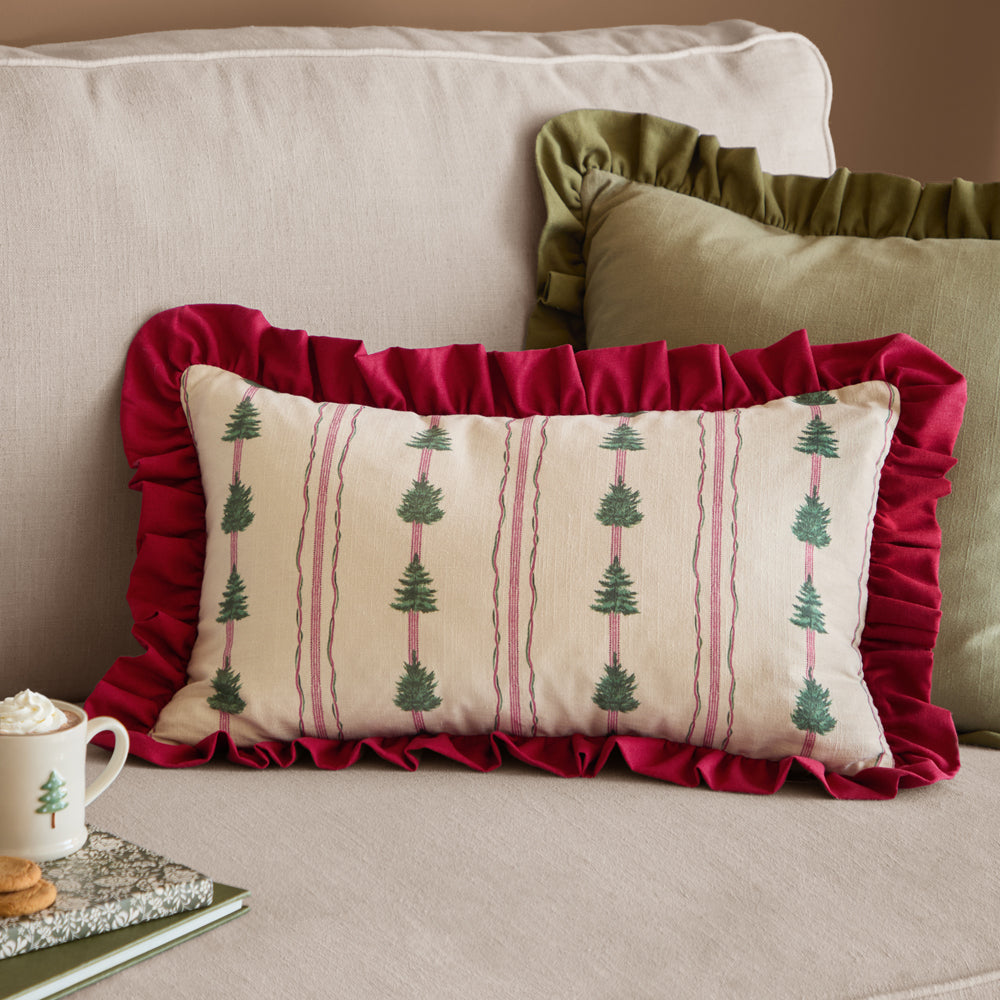 Striped Beige Cushions - Spruce Stripes Christmas Cushion Cover Linen/Dark Red Wylder