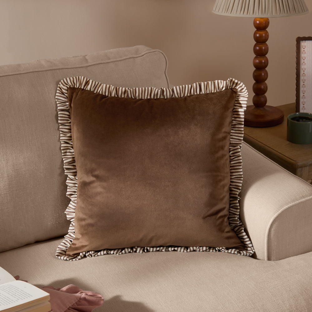Solene Ruffle Matte Velvet Cushion Truffle