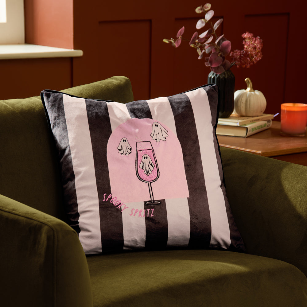 Striped Pink Cushions - Spooky Spritz Velvet Halloween Cushion Cover Pink/Mono Furn