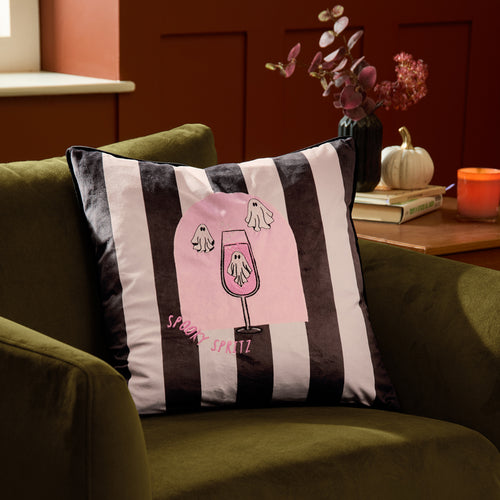 Striped Pink Cushions - Spooky Spritz Velvet Halloween Cushion Cover Pink/Mono Furn