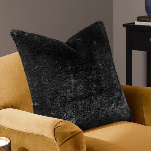 Plain Black Cushions - Stanza Faux Fur Cushion Cover Jet Paoletti