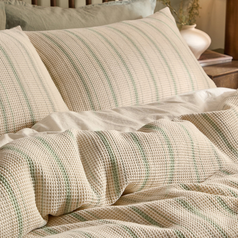 Selby Waffle 100% Cotton Duvet Cover Set Bay Green/Natural