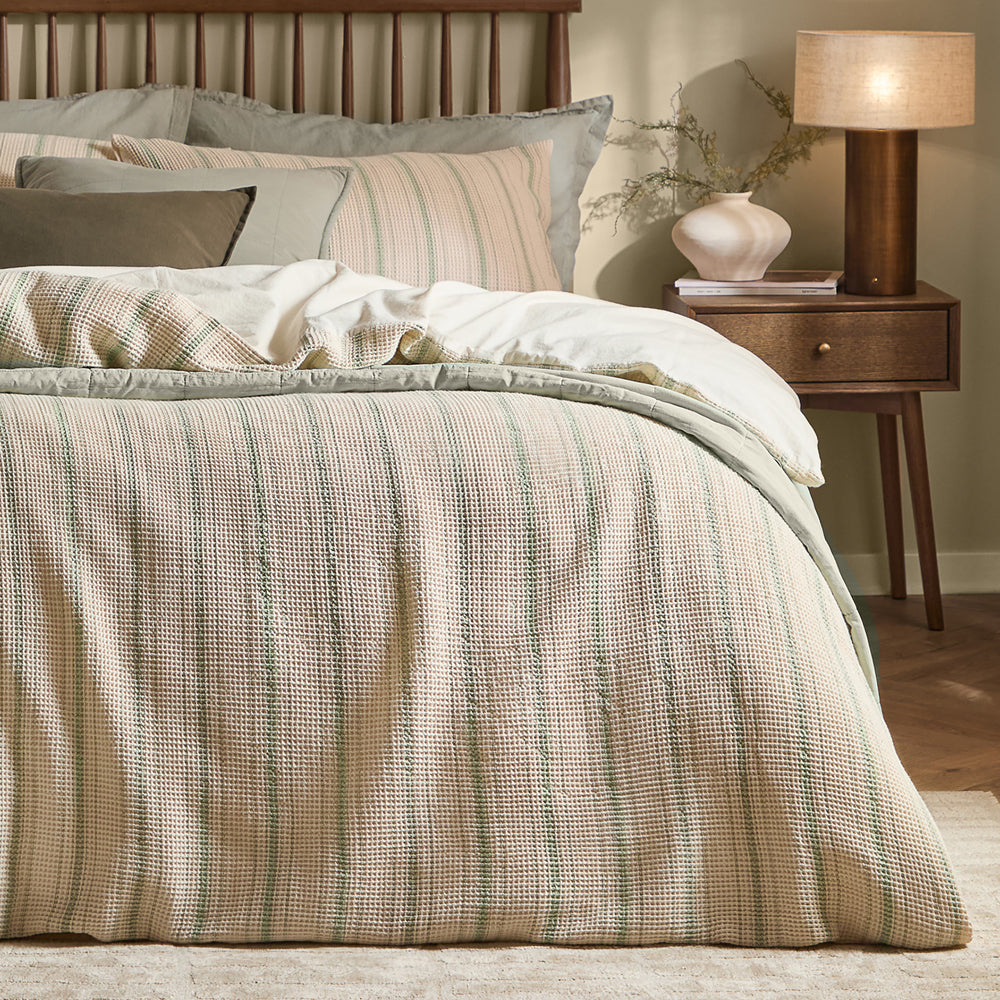 Selby Waffle 100% Cotton Duvet Cover Set Bay Green/Natural