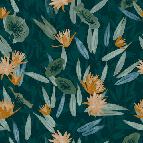 Floral Green M2M - Tiger Lilly Teal Floral Fabric Sample furn.