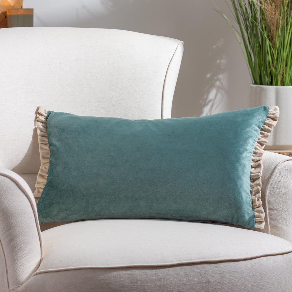 Tilly Blue Velvet Reversible Feather Rich Filled Cushion Duck Egg Pumice Cushions Wylder furn