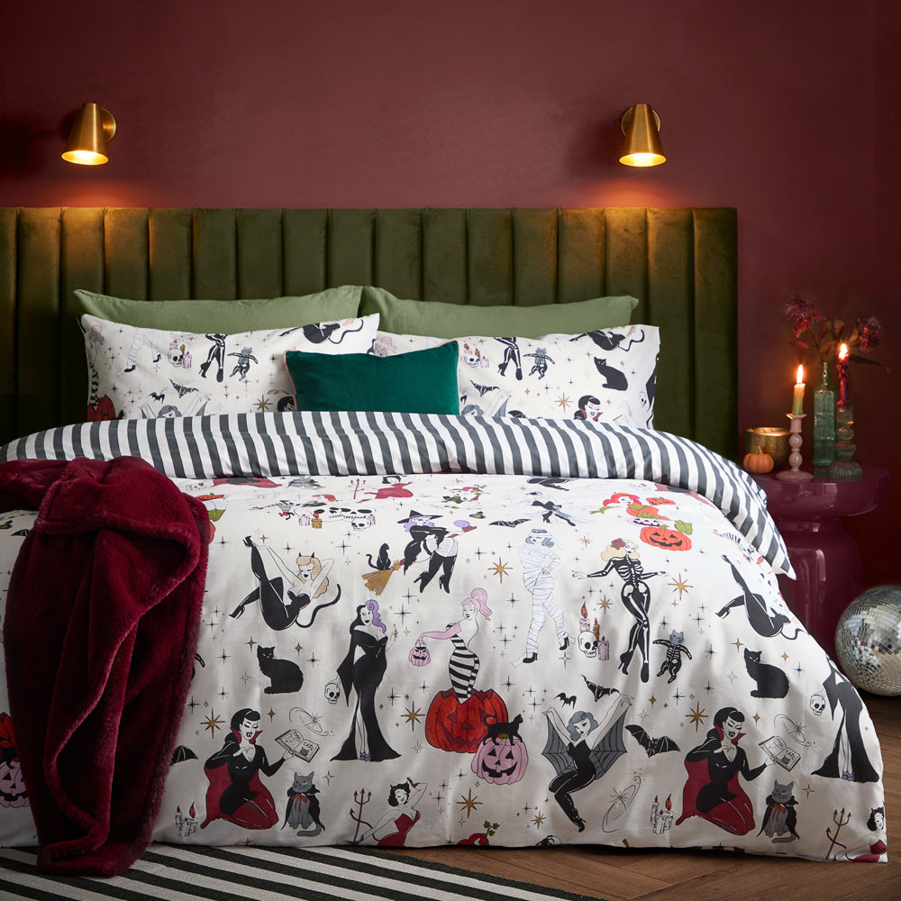 Striped Black Bedding - Trick or Treat Reversible Halloween Duvet Cover Set Monochrome Furn