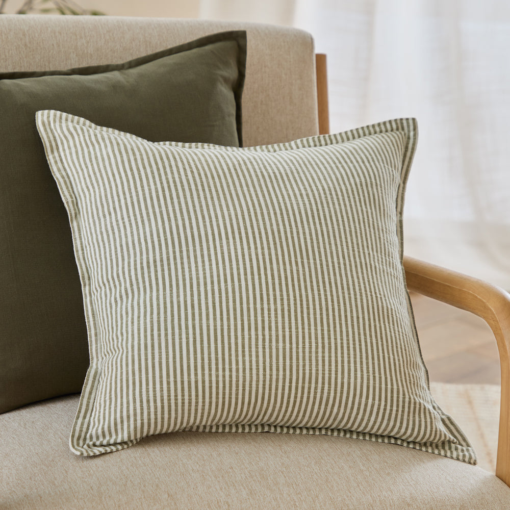 Striped Green Cushions - Truro Striped 100% Cotton Cushion Cover Moss Yard