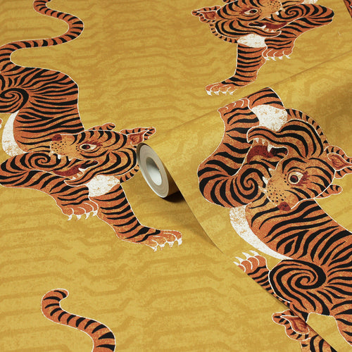furn. Tibetan Tiger Wallpaper Sample in Mustard