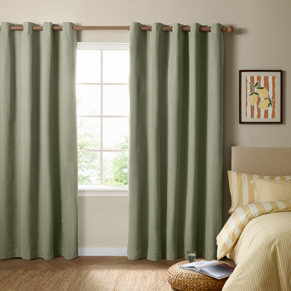 Plain Green Curtains - The Ultimate Blackout Textured Woven Eyelet Curtains Sage Furn