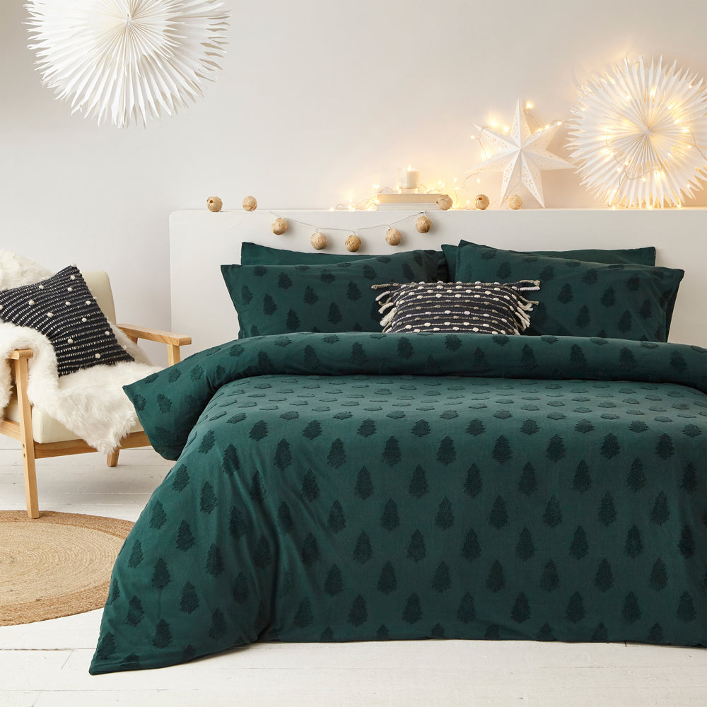 Tufted Tree Festive 100% Cotton Duvet Cover Set Pine Green