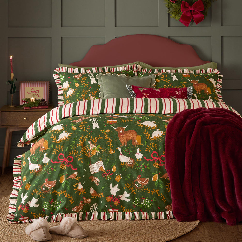 Striped Green Bedding - Twelve Days Frill Reversible Duvet Cover Set Green Furn