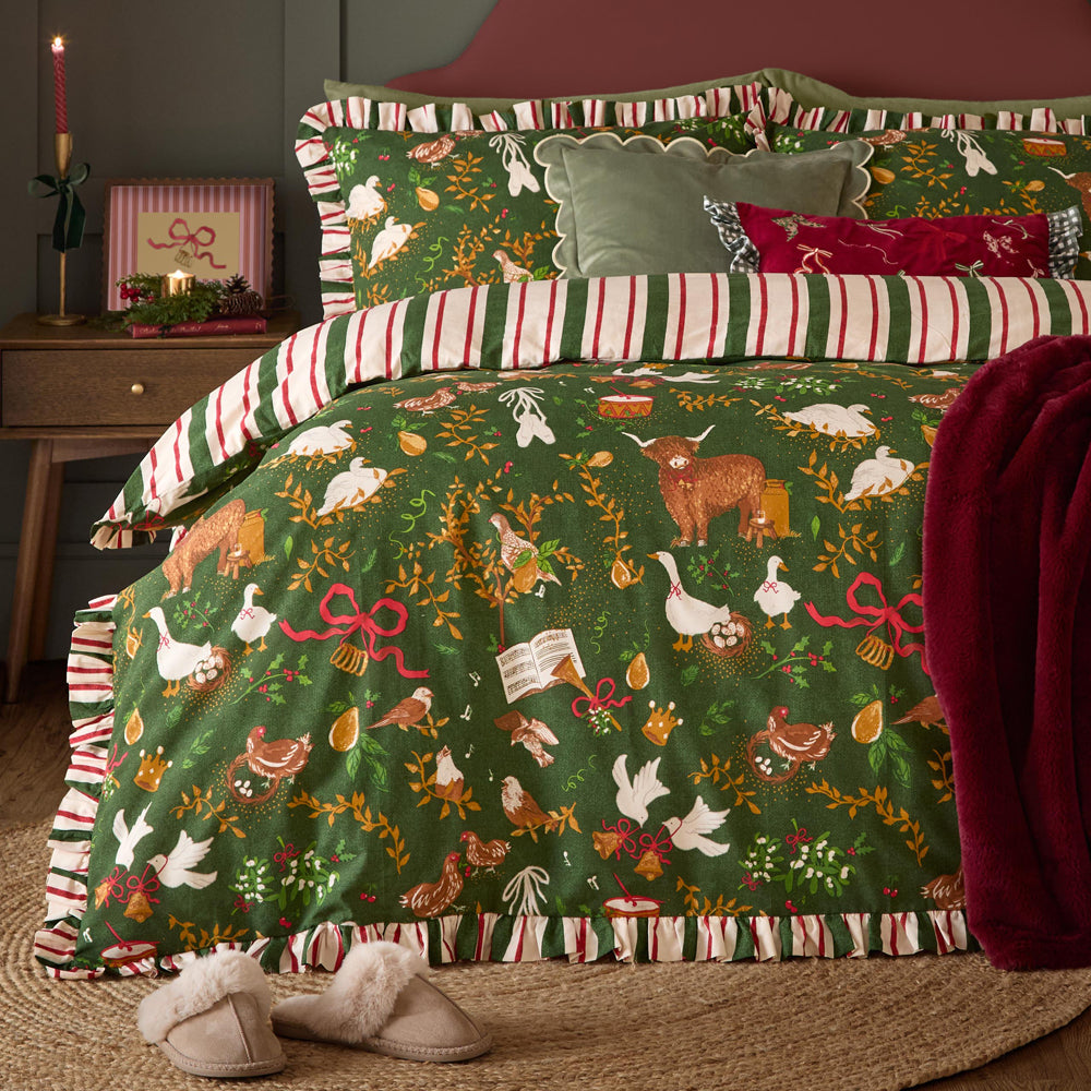 Twelve Days Frill Reversible Duvet Cover Set Green