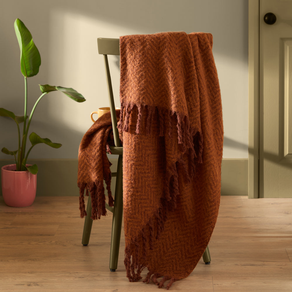 Herringbone Orange Throws - Tweedie Brushed Herringbone Throw Cinnamon  Furn