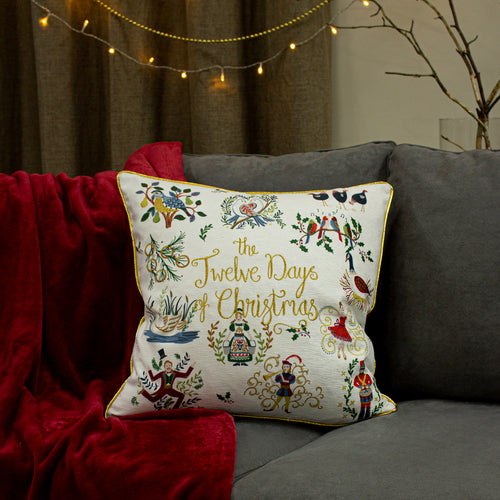  Cream Cushions - 12 Days of Xmas Embroidered Cushion Cover Gold furn.