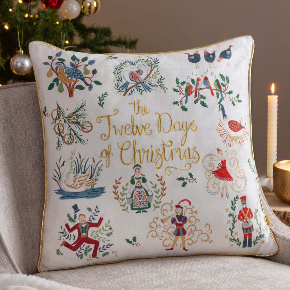  Cream Cushions - 12 Days of Xmas Embroidered Cushion Cover Gold furn.