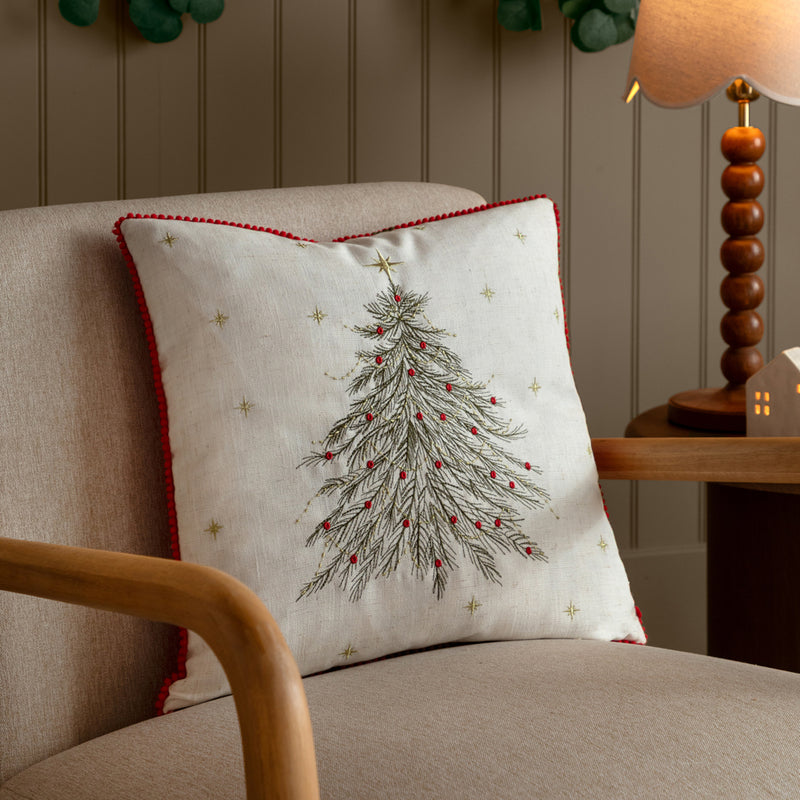 Woodland Beige Cushions - Twinkling Tree Embroidered Cushion Cover Natural Wylder