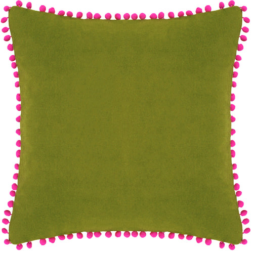 Plain Green Cushions - Velvet Pompom  Cushion Cover Green/Fuchsia Paoletti