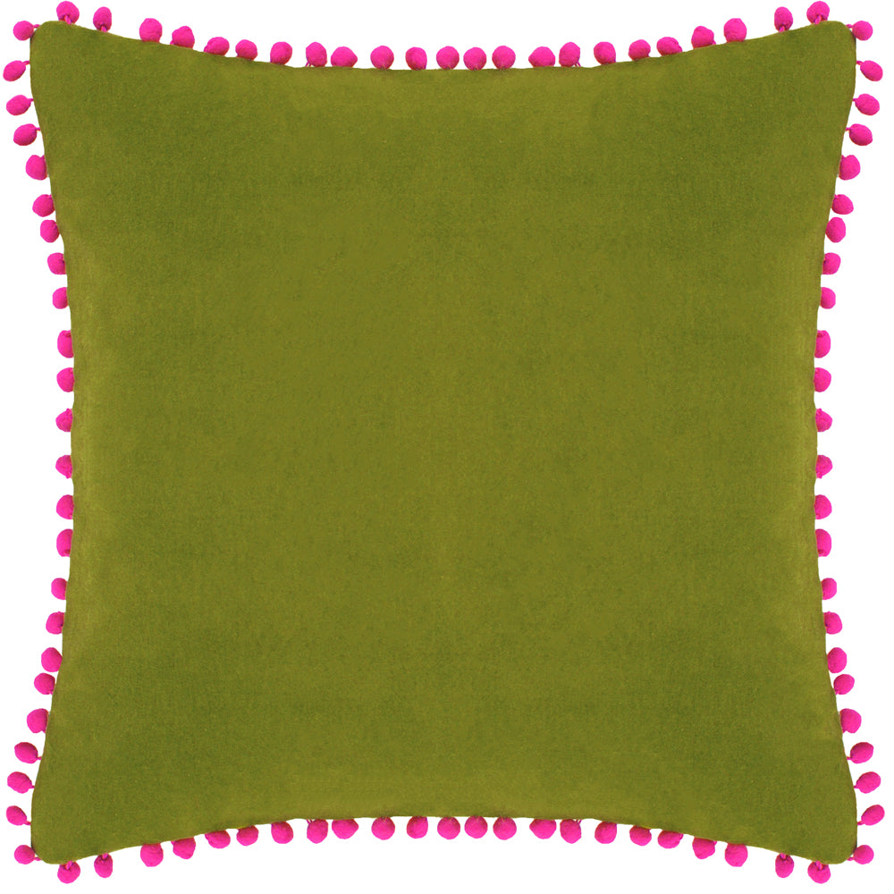 Plain Green Cushions - Velvet Pompom  Cushion Cover Green/Fuchsia Paoletti