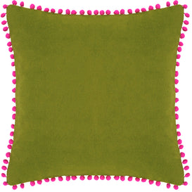 Paoletti Velvet Pompom Cushion Cover in Green/Fuchsia