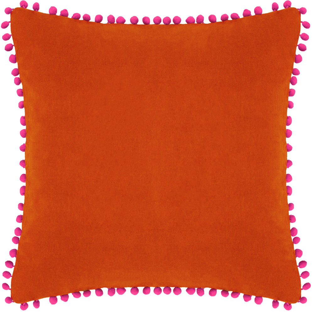 Plain Orange Cushions - Velvet Pompom  Cushion Cover Orange/Fuchsia Paoletti