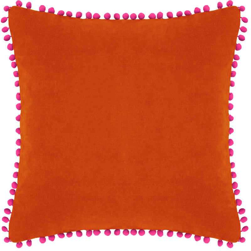 Plain Orange Cushions - Velvet Pompom  Cushion Cover Orange/Fuchsia Paoletti