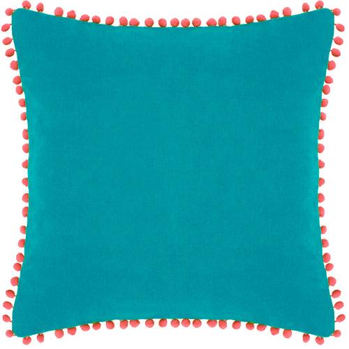 Plain Blue Cushions - Velvet Pompom  Cushion Cover Teal/Coral Paoletti