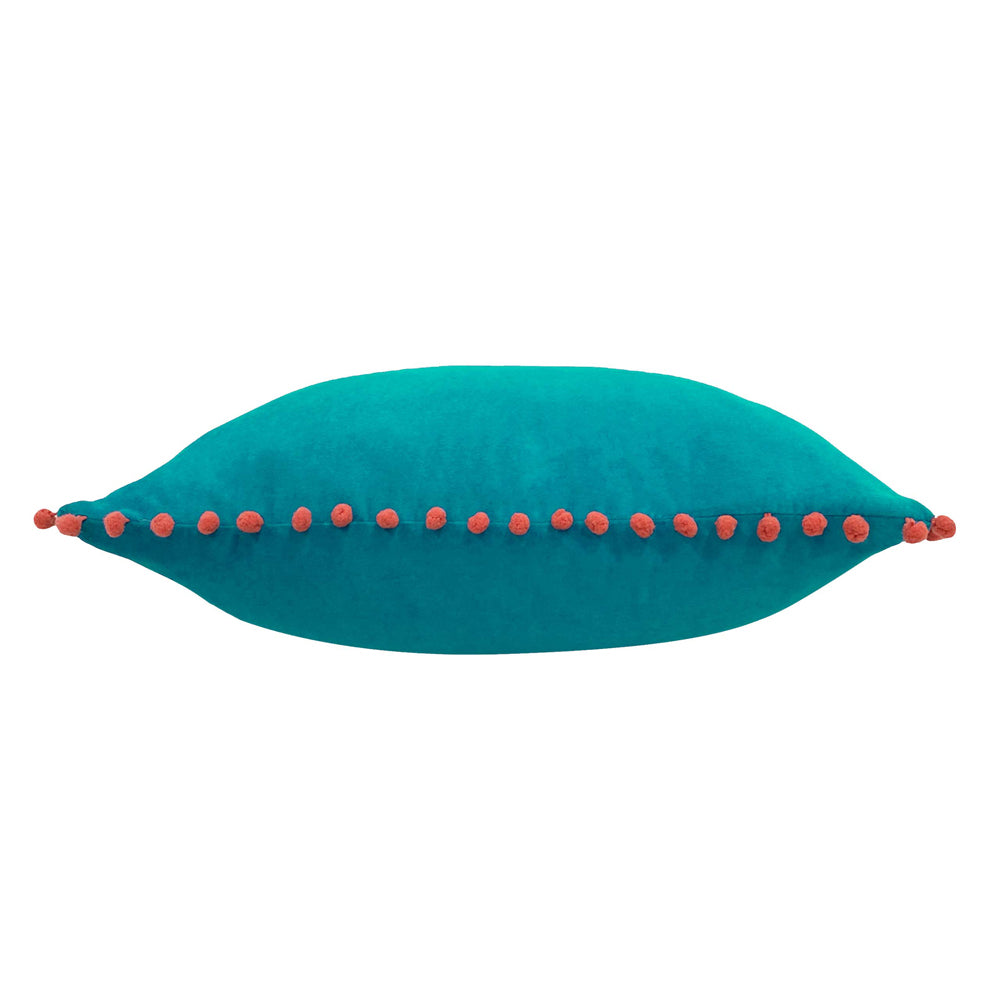 Velvet Pompom Cushion Teal/Coral