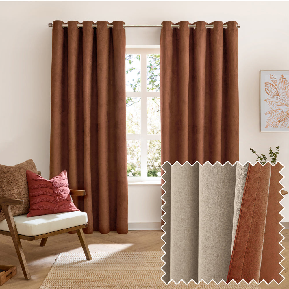 Verso Reversible Suede-look Blackout Eyelet Curtains Cinnamon