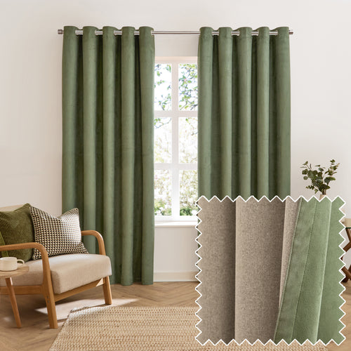 Verso Reversible Suede-look Blackout Eyelet Curtains Green