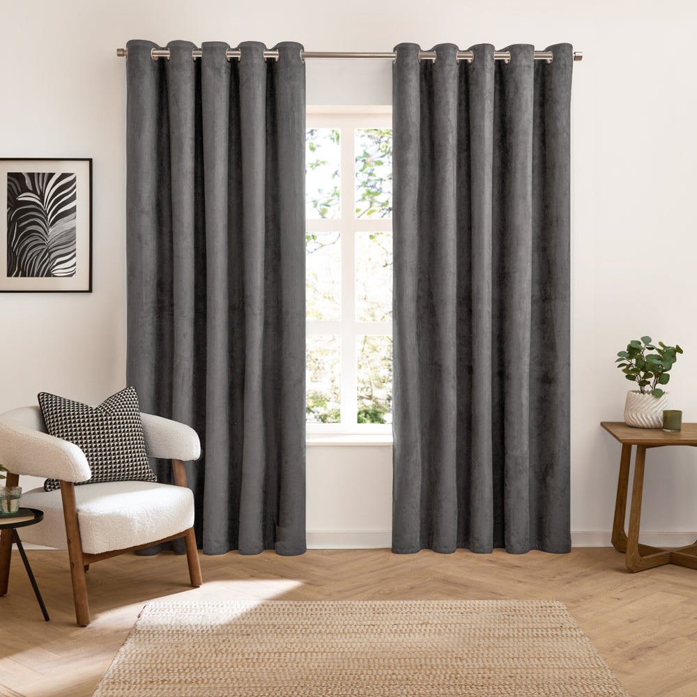 Verso Reversible Suede-look Blackout Eyelet Curtains Charcoal