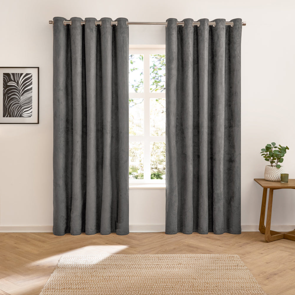 Verso Reversible Suede-look Blackout Eyelet Curtains Charcoal