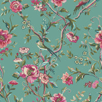 Floral Green M2M - Vintage Chinoiserie Teal Floral Fabric Sample furn.