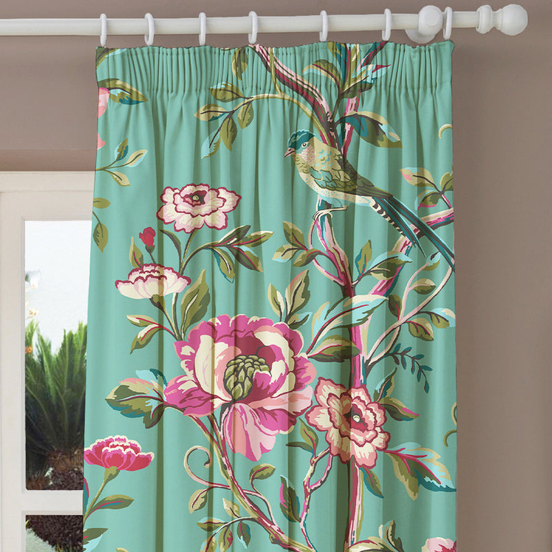 Floral Green M2M - Vintage Chinoiserie Teal Floral Made to Measure Curtains furn.