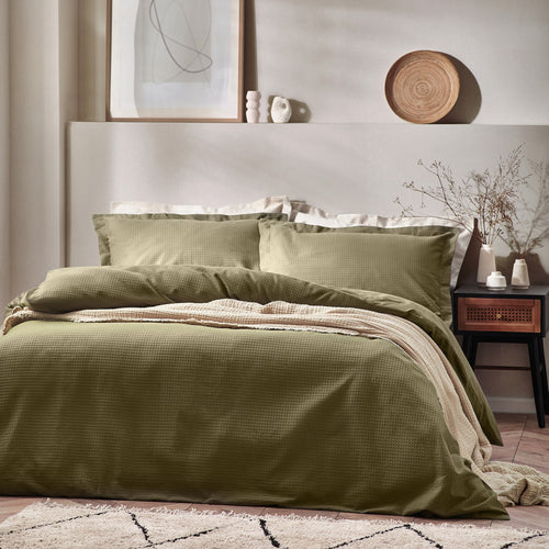 Plain Green Bedding - Waffle Textured 100% Cotton Duvet Cover Set Olive Yard