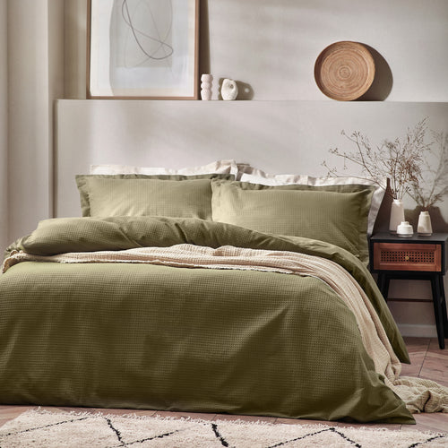 Waffle Green Textured 100% Cotton Duvet Cover Set Olive Bedding